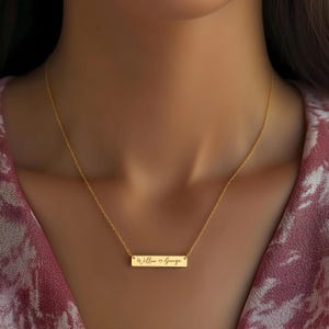 Collar minimalista personalizado con nombre y barra de oro de 18 quilates, collar con escritura a mano, regalo de Navidad, regalo de cumpleaños, regalo de Navidad, regalo de compromiso