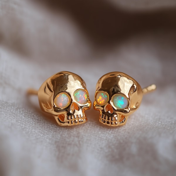 Schädel Opal Ohrringe, Feueropal Ohrstecker Halloween, Halloween Opal Schmuck Rose Gold Silber Ohrstecker, gruseliges Geschenk für sie, Gothic