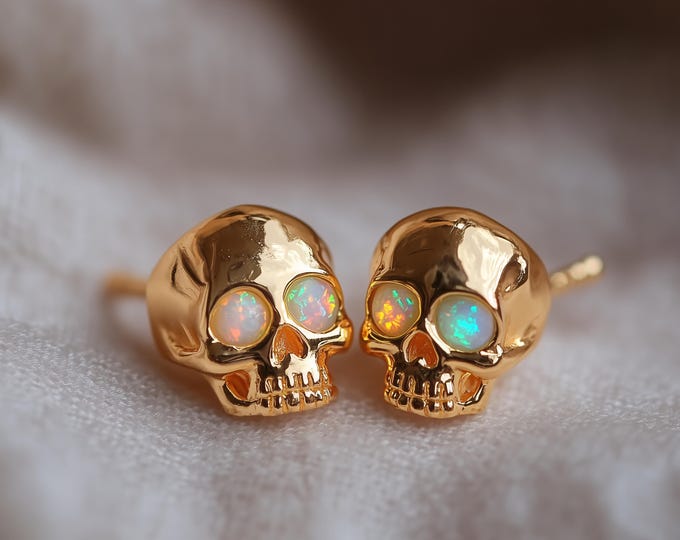 Skull Opal Earrings, Fire Opal Halloween Stud Earrings, Halloween Opal Jewelry Rose Gold Silver Stud Earrings, Spooky Gift for Her, Gothic