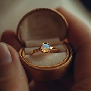Könnte beinhalten: Ein goldener Ring mit einem runden Opal-Edelstein, der in einer Zargenfassung gefasst ist. Der Ring wird in einer offenen, goldfarbenen Ringschatulle mit einem weichen, cremefarbenen Innenraum präsentiert. Der Opal hat ein Farbspiel mit Andeutungen von Blau und Gelb.