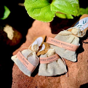 May include: Three small, beige sachets with labels reading "Trail Bloom," "Smoky Citrus," and "Forest Whisper." Each sachet is tied with twine and has a decorative element. The image is set against a natural, earthy background.
