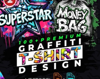 Graffiti vol.2 T-Shirt Design Bundle Suitable for Printing, 100+ High Quality Urban Graphics, Vector Files, Ai, Png, No Background, Sticker