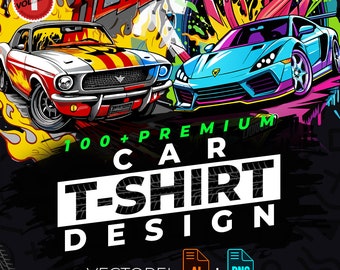May include: A collection of 100+ premium car t-shirt designs. The designs feature colorful illustrations of cars with flames and other graphic elements. The text "100+ PREMIUM CAR T-SHIRT DESIGN" is displayed in white letters on a black background. The text "VECTOREL AI + PNG" is displayed in white letters on a black background. The text "NO BACKGROUND" is displayed in white letters on a black background.