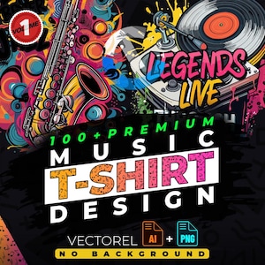 Paquete de diseño de camisetas "Música vol. 1" para imprimir, estilo urbano, con más de 100 gráficos de alta calidad, archivos vectoriales, AI, PNG, sin fondo.