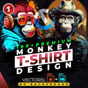 Puede incluir: Un conjunto de ilustraciones digitales de más de 100 diseños de camisetas de mono premium. Los diseños presentan monos con auriculares, gafas de sol y sombreros de vaquero. El texto "100+ PREMIUM MONKEY T-SHIRT DESIGN" se muestra en letras grandes y en negrita. El texto "VECTOREL AI + PNG NO BACKGROUND" se muestra debajo del texto principal.