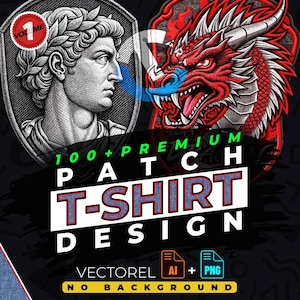 Könnte beinhalten: Eine digitale Illustration eines Sets mit über 100 Premium-Patch-T-Shirt-Designs. Die Designs umfassen eine Vielzahl von Stilen, darunter einen römischen Kaiser und einen Drachen. Der Text "100+ PREMIUM PATCH T-SHIRT DESIGN" wird in einer fetten, stilisierten Schriftart angezeigt. Der Text "VECTOREL AI + PNG" wird ebenfalls angezeigt und gibt die enthaltenen Dateiformate an. Der Text "NO BACKGROUND" wird angezeigt und gibt an, dass die Designs bereit sind, auf T-Shirts verwendet zu werden.