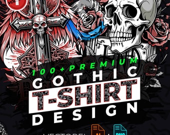 Puede incluir: Una colección de más de 100 diseños de camisetas góticas premium que presentan una calavera con rosas y una cruz con alas. El texto "100+ PREMIUM GOTHIC T-SHIRT DESIGN" se muestra en una fuente gótica en negrita. Los diseños están disponibles en formatos vectoriales y PNG y no tienen fondo.