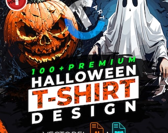 ハロウィン vol.1 Tシャツデザインバンドル 印刷に最適、100種類以上の高品質アーバングラフィック、ベクターファイル、Ai、Png、背景なし、ステッカー