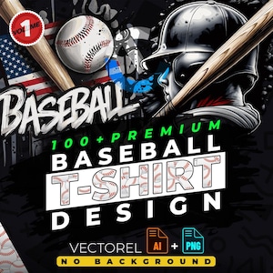 Könnte beinhalten: Ein Grafikdesign mit einem Baseballspieler mit Schläger und Baseball. Der Text "BASEBALL T-SHIRT DESIGN" ist in großen weißen Buchstaben mit einem Baseball-Muster im Hintergrund. Der Text "100+ PREMIUM" ist in grünen Buchstaben über dem Haupttext. Der Text "VECTOREL AI + PNG" ist in weißen Buchstaben unter dem Haupttext. Der Text "NO BACKGROUND" ist in weißen Buchstaben unter dem vorherigen Text.