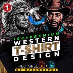 Pode incluir: Uma coleção de mais de 100 designs premium de t-shirts western com um homem nativo americano e um cowboy. Os designs estão disponíveis nos formatos AI e PNG e não têm fundo.