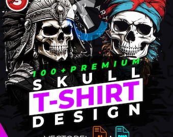 Skull vol.3 T-Shirt Design Bundle Suitable for Printing, 100+ High Quality Graphics, Vector Files, Ai, Png, No Background, Sticker