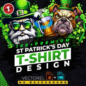 Puede incluir: Un conjunto de más de 100 diseños de camisetas para el Día de San Patricio, con un duende verde con barba y gafas de sol y un bulldog con un sombrero verde. Los diseños están disponibles en formatos vectoriales y PNG y no tienen fondo.