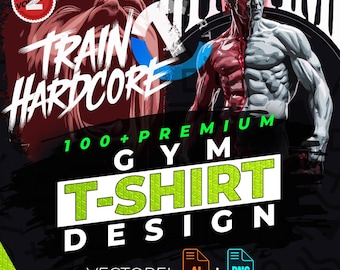 Op de afbeelding: Een grafisch ontwerp met een gespierd standbeeld verdeeld in rood en wit, met de woorden "TRAIN HARDCORE" en "100+ PREMIUM GYM T-SHIRT DESIGN". Het ontwerp bevat AI- en PNG-bestandsformaten, met een label "NO BACKGROUND".