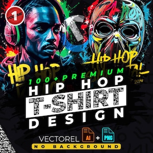 May include: A digital illustration of a hip hop t-shirt design featuring a black and white graphic with the text "HIP HOP T-SHIRT DESIGN". The design is surrounded by colourful abstract shapes and graffiti-style text. The text "100+ PREMIUM" is also included in the design.