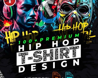May include: A digital illustration of a hip hop t-shirt design featuring a black and white graphic with the text "HIP HOP T-SHIRT DESIGN". The design is surrounded by colorful abstract shapes and graffiti-style text. The text "100+ PREMIUM" is also included in the design.
