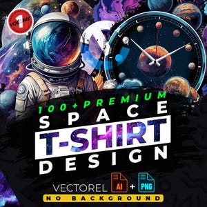 Puede incluir: Una colección de más de 100 diseños de camisetas premium con temática espacial. Los diseños presentan astronautas, planetas, estrellas y otras imágenes relacionadas con el espacio. Los diseños son vectoriales y vienen en formatos AI y PNG. Los diseños son perfectos para crear camisetas únicas y llamativas.