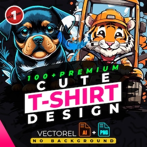 Puede incluir: Un conjunto de más de 100 diseños de camisetas premium y lindas con un cachorro Rottweiler blanco y negro y un tigre con un sombrero conduciendo una carretilla elevadora. Los diseños están disponibles en formatos AI y PNG y no tienen fondo.
