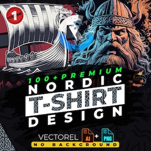 May include: A digital illustration of a Viking warrior with a long beard and a horned helmet. The background features a Viking ship and a pattern of interlocked chains. The text "100+ PREMIUM NORDIC T-SHIRT DESIGN" is displayed in green and white. The text "VECTOREL AI + PNG NO BACKGROUND" is displayed in white.