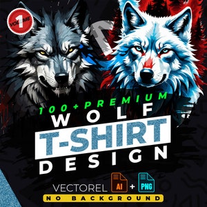 Puede incluir: Diseño digital con dos retratos de lobos estilizados en tonos grises y azules. El texto dice "100+ Premium Wolf T-Shirt Design" con iconos "AI + PNG" y el texto "No Background".