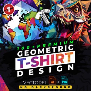 以下が含まれることがあります： ベクター形式の100種類以上の幾何学的なTシャツデザインのコレクション。デザインは、世界地図や恐竜など、カラフルで抽象的なパターンと形を特徴としています。デザインはAIとPNG形式で入手でき、背景はありません。
