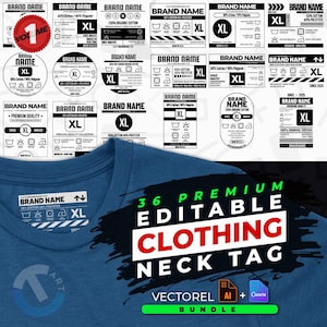 Puede incluir: Una camiseta azul con varios diseños de etiquetas para el cuello de la ropa. Las etiquetas incluyen instrucciones de cuidado, nombres de marcas y la talla XL. También se ve el texto "36 Premium Editable Clothing Neck Tag".