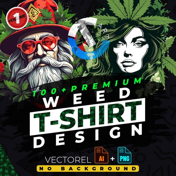 Weed vol.1 T-Shirt Design Bundle Suitable for Printing, 100+ High Quality Graphics, Cannabis Vector Files, Ai, Png, No Background, Sticker