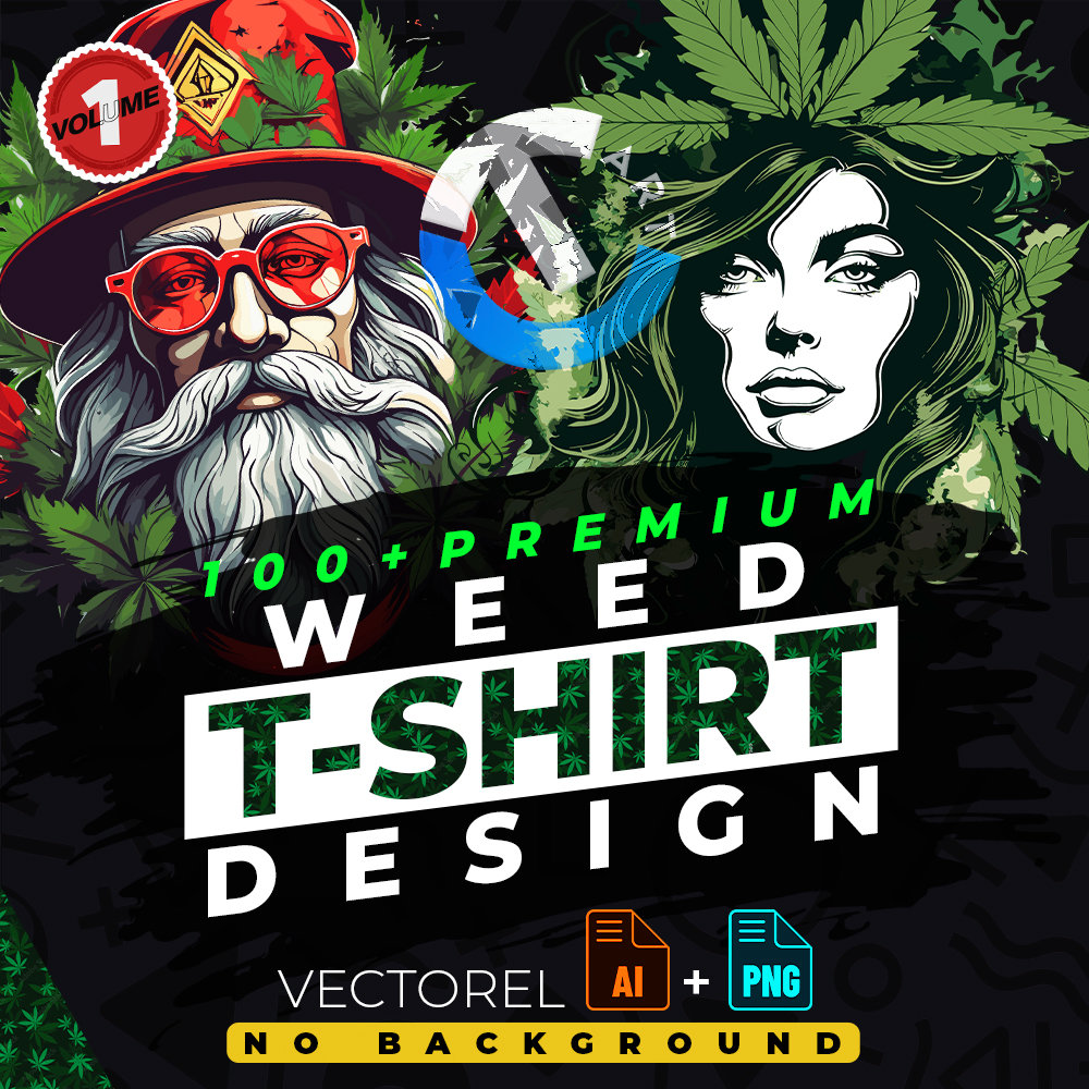 Weed vol.1 T-Shirt Design Bundle Suitable for Printing, 100+ High Quality Graphics, Cannabis Vector Files, Ai, Png, No Background, Sticker