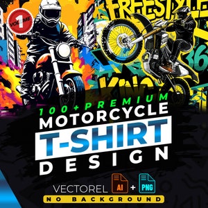 Motorcykel vol.1 T-shirtdesignpaket lämpligt för tryck, 100+ högkvalitativa urbana grafiker, vektorfiler, AI, PNG, ingen bakgrund, klistermärke