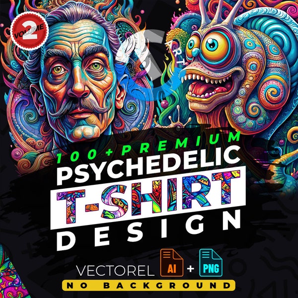 Psychedelic vol.2 T-Shirt Design Bundle Suitable for Printing, 100+ High Quality Graphics, Vector Files, Ai, Png, No Background