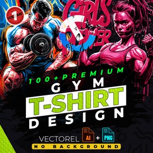 Puede incluir: Un diseño gráfico con un hombre y una mujer levantando pesas. El diseño es colorido e incluye el texto "Girls Power" y "100+ Premium Gym T-Shirt Design". El diseño está disponible en formatos AI y PNG y no tiene fondo.
