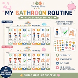 May include: A printable visual schedule for kids titled My Bathroom Routine, featuring numbered steps from one to nine with illustrations for boys and girls, including reward stickers, checkmark icons, and text labels for each bathroom task.