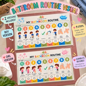 May include: Two laminated bathroom routine charts featuring nine numbered steps with illustrations for children. Each chart includes a checklist with the text I DID IT! below steps for going to the bathroom, pulling pants up and down, sitting, wiping, flushing, and washing hands.