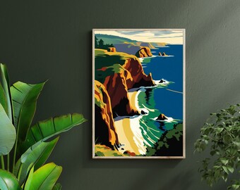 Coastal Cliffs Art Print, WPA Poster, Premium Matte Paper Poster, Ocean Illustration (Right)