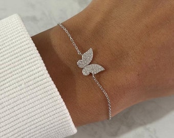 Butterfly bracelet. Zirconia bracelet. Sterling silver 925 ring. Gift for her.