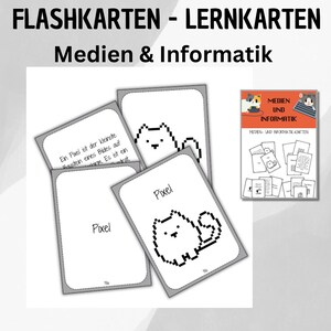 Könnte beinhalten: Lernkarten für Medien und Informatik mit Pixel-Art-Katzenillustrationen. Die Karten zeigen das Wort "Pixel" und deutschen Text. Ein kleines Büchlein mit dem Titel "Medien und Informatik" ist ebenfalls zu sehen.