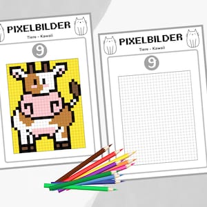 Può includere: Una pagina da colorare di pixel art stampabile con una simpatica mucca di cartone animato con macchie marroni e bianche. La pagina è etichettata "Pixelbilder Tiere - Kawaii" e include il numero "9".