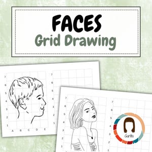 May include: A printable worksheet with two grids for drawing faces. The grids are labeled with numbers and letters. The first grid has a drawing of a person's face in profile. The second grid has a drawing of a person's face looking forward. The word "Gurlita" is written in the bottom right corner of the second grid.