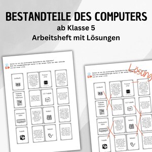 Puede incluir: Dos hojas de trabajo con diagramas de componentes de computadora y texto en alem&aacute;n. El texto superior dice "BESTANDTEILE DES COMPUTERS ab Klasse 5 Arbeitsheft mit L&ouml;sungen". Una hoja de trabajo tiene l&iacute;neas de conexi&oacute;n.
