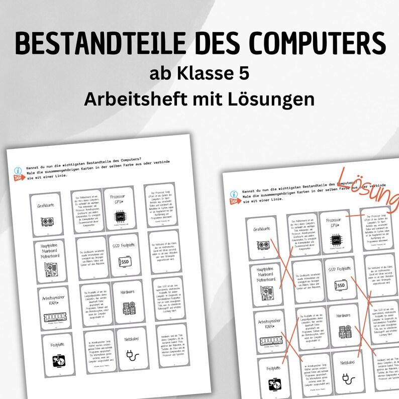 Puede incluir: Dos hojas de trabajo con diagramas de componentes de computadora y texto en alem&aacute;n. El texto superior dice "BESTANDTEILE DES COMPUTERS ab Klasse 5 Arbeitsheft mit L&ouml;sungen". Una hoja de trabajo tiene l&iacute;neas de conexi&oacute;n.