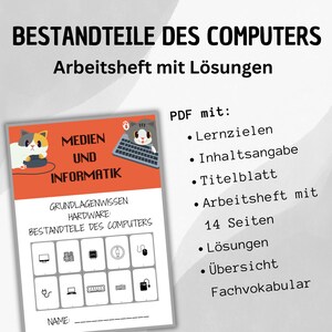 Puede incluir: Un cuaderno de trabajo titulado "BESTANDTEILE DES COMPUTERS" con el texto "Arbeitsheft mit L&ouml;sungen." La portada presenta un gr&aacute;fico de gato y las palabras "MEDIEN UND INFORMATIK." El cuaderno incluye 14 p&aacute;ginas, soluciones y vocabulario.