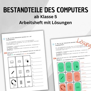 Puede incluir: Dos hojas de trabajo con texto e ilustraciones en alem&aacute;n sobre componentes de computadora. Las hojas de trabajo se titulan "BESTANDTEILE DES COMPUTERS" y "Arbeitsheft mit L&ouml;sungen." Una hoja tiene espacios en blanco para etiquetar, la otra tiene respuestas.