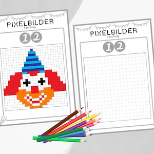 Peut inclure: Une feuille d'activité d'art pixel imprimable en noir et blanc représentant un clown avec un nez rouge, un chapeau bleu et blanc et des cheveux rouges. La feuille est intitulée "Pixelbilder Fasching 1 2".