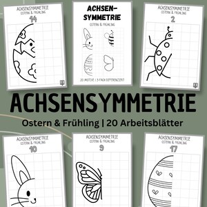 Op de afbeelding: Een set van 20 printbare werkbladen voor kinderen om te oefenen met het tekenen van symmetrische afbeeldingen. De werkbladen bevatten afbeeldingen met een paas- en lentethema, zoals konijnen, vlinders, lieveheersbeestjes en eieren. De titel van de werkbladen is "Achsen Symmetrie Ostern & Frühling | 20 Arbeitsblätter".