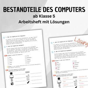 Puede incluir: Dos hojas de trabajo con texto en alem&aacute;n sobre componentes de computadora. La hoja superior tiene un t&iacute;tulo que dice "Componentes de computadora a partir de 5&ordm; grado". Las hojas de trabajo tienen preguntas y diagramas.