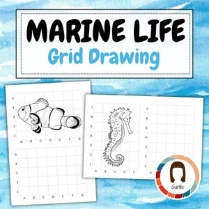 Aprenda a desenhar: Técnica de grade - 20 criaturas marinhas - baleias, golfinhos, mexilhões, leões marinhos - planilhas - Desenho em grade