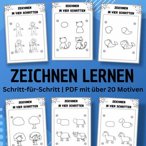 Pode incluir: Uma coleção de guias de desenho instrutivos, cada um mostrando um assunto desenhado em quatro etapas. Os guias incluem desenhos de uma pessoa, gato, peixe, árvore, vaca e cavalo. O título "ZEICHNEN LERNEN" é exibido em letras grandes.