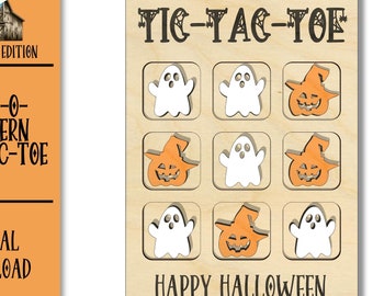 Archivo cortado por láser de tres en raya de Halloween: Fantasma y calabaza SVG (descarga digital)