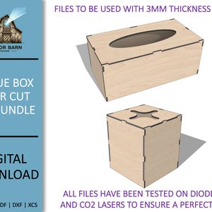 Könnte beinhalten: Digitaler Download von Laser-Cut-Dateien für Taschentuchboxen. Das Bild zeigt zwei Holz-Taschentuchbox-Designs: eine rechteckige mit ovaler Öffnung und eine quadratische mit kreuzförmiger Öffnung. Dateien für 3 mm Holz, getestet auf Dioden- und CO2-Lasern.