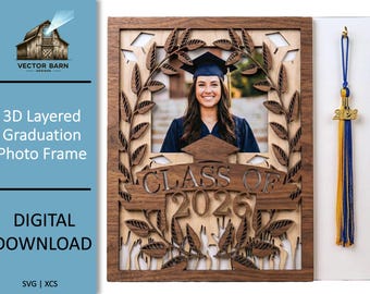 Marco de graduación en capas (clase de 2026) SVG, soporte para borlas, archivo láser, letrero para fotos de último año, letrero de madera 3D para xTool y Glowforge