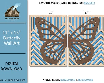Archivos cortados con láser para arte mural de mariposas: SVG abstracto (descarga digital)